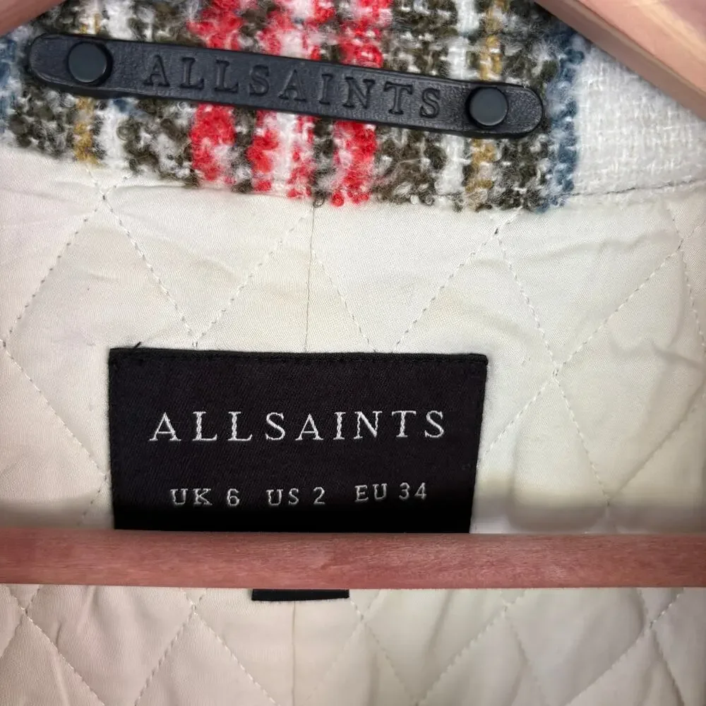 AllSaints Nia Wool Plaid Coat S 6 Red Western Grunge Quilted 90s Y2K All Saints